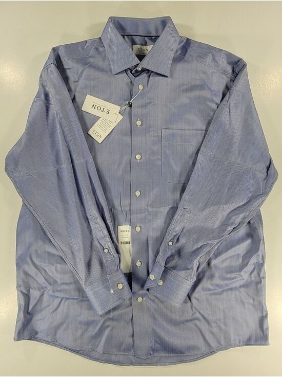 Eton Other - NEW Men's ETON Shirt Blue Herringbone Shirt Classic Fit 44 17.5 Button Front NWT